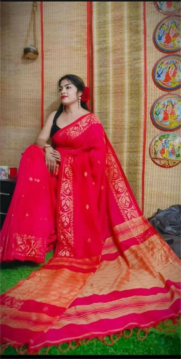 Exclusive Collection Beautiful Red Pure Cotton Woven Handloom Saree With Running Blouse Piece - Swadesiicart