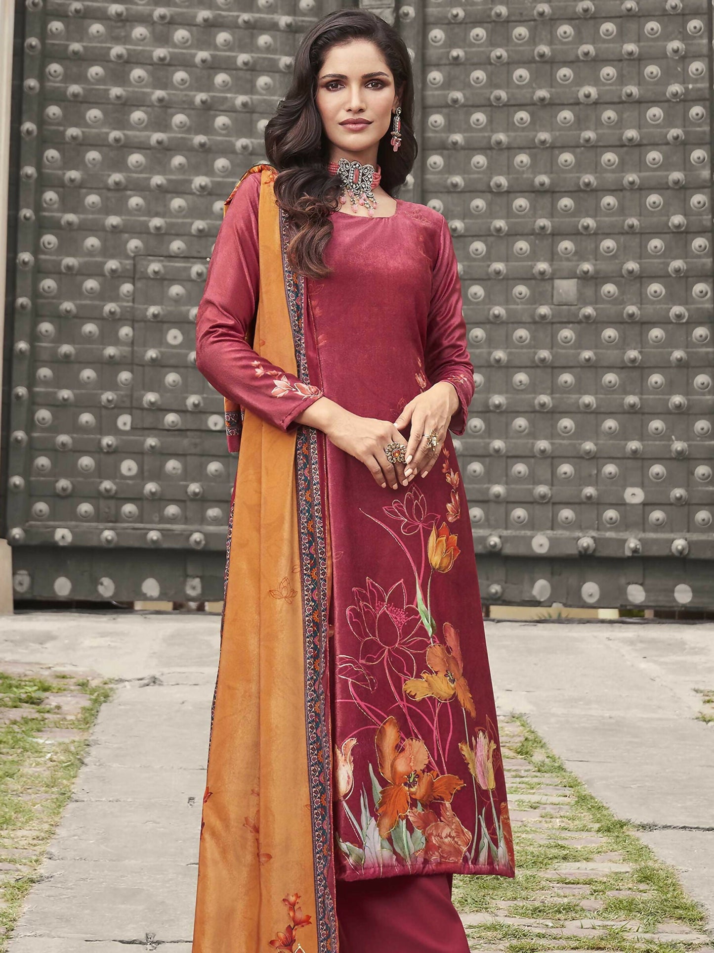 Jyoti Fashion Women's Red Velvet Floral Digital Printed Kurta with Trouser & Dupatta | Swadesiicart
