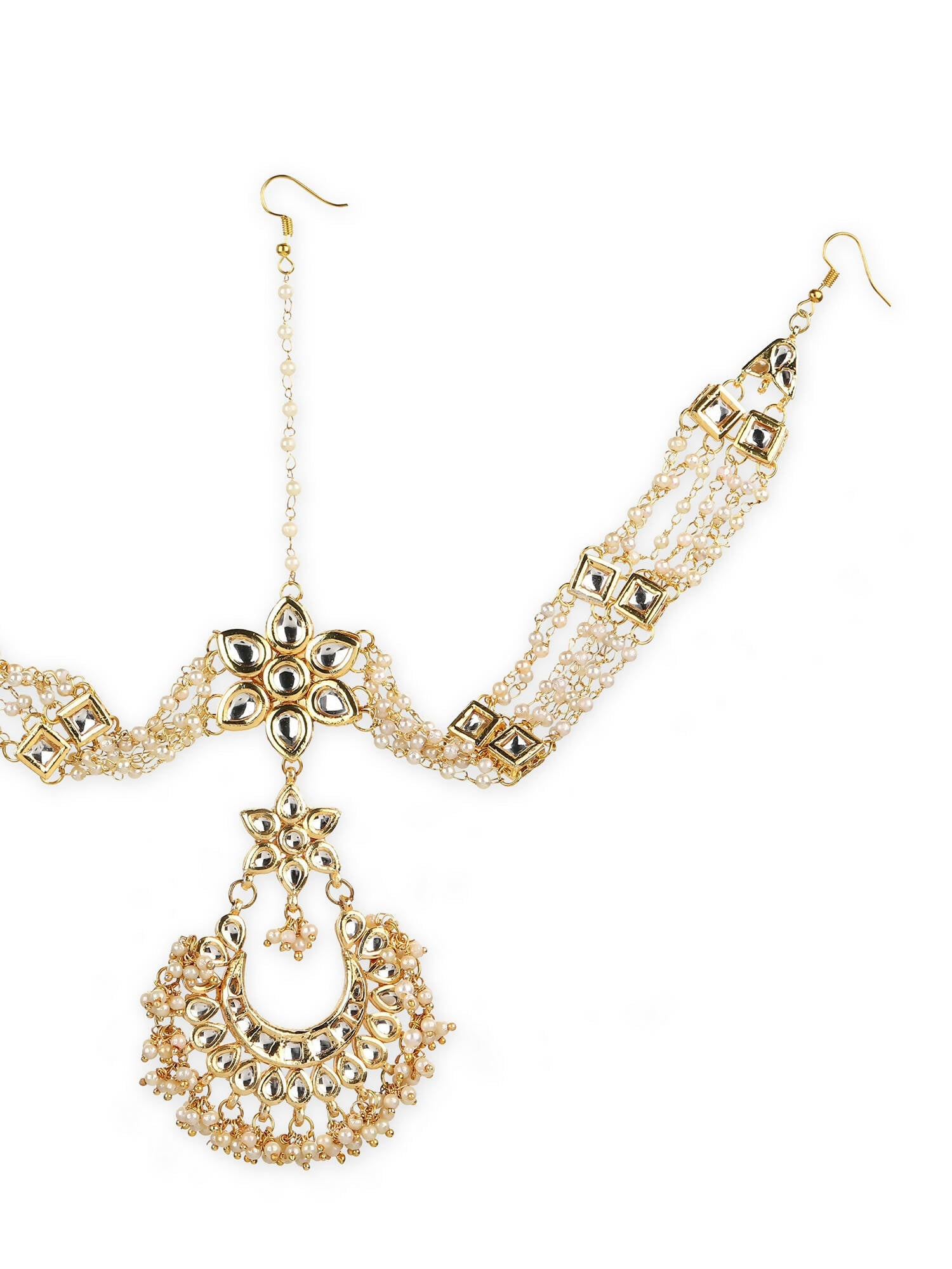 Gold-Polished White Kundan-Studded Pearl Beaded Matha Patti - Ruby Raang | Swadesiicart