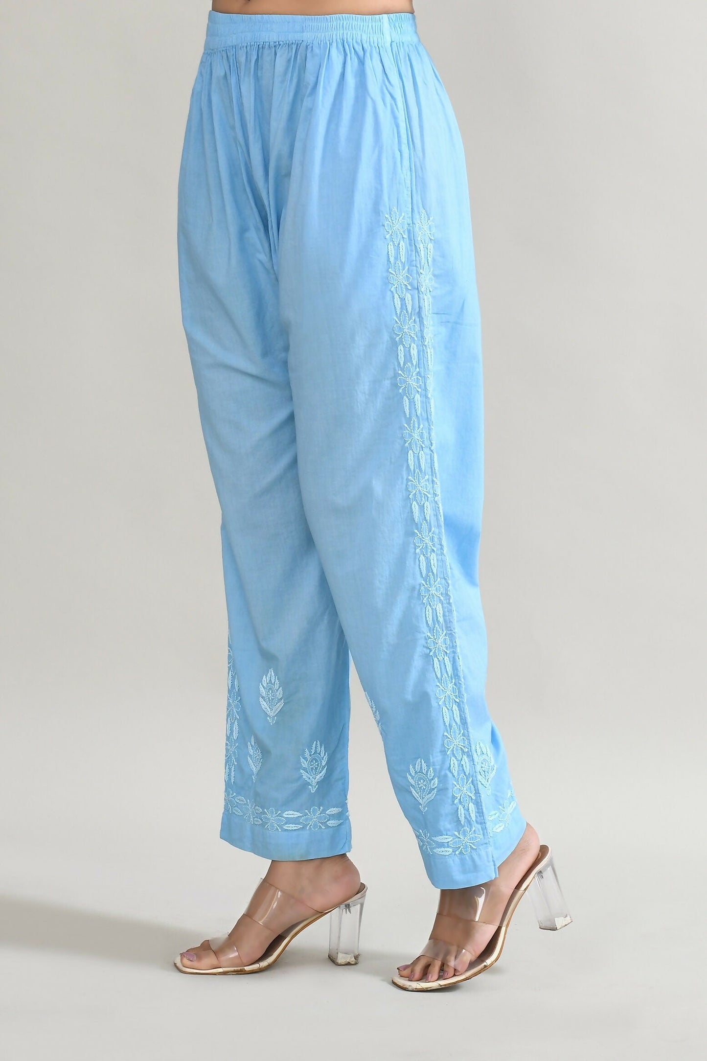 Joban Fashion Womens Cotton ChikanKari Sky Blue & White Cord set - Swadesiicart