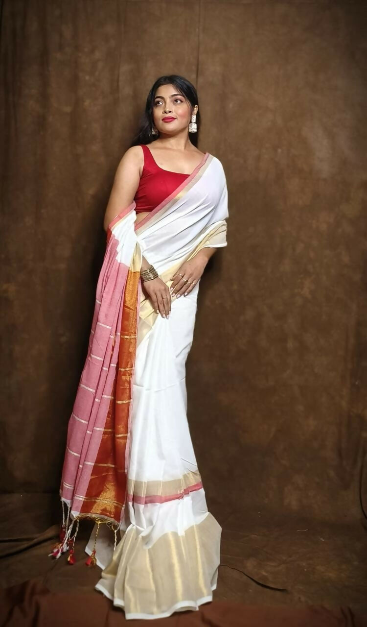 Exclusive Collection White Red Pure Cotton Handloom Gorgeous Saree - Swadesiicart