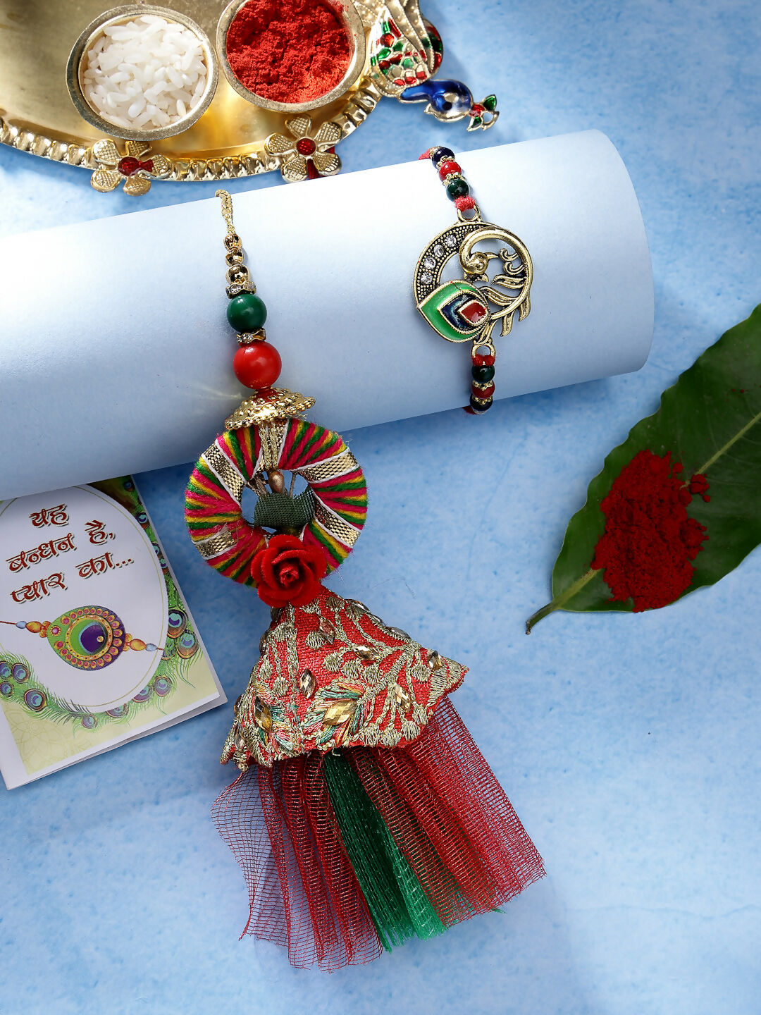 NVR Women & Men Set of 2 Multicolor Peacock Design Bhaiya Bhabhi Rakhi With Roli Chawal & Chocolate | Swadesiicart