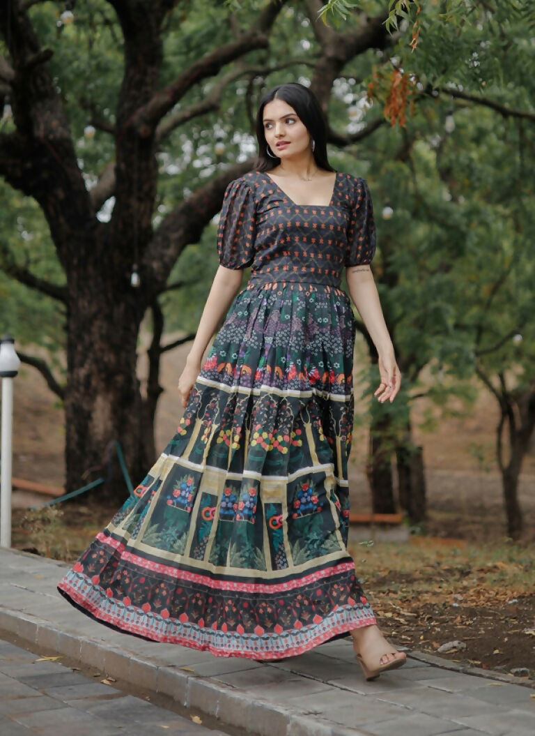 Jyoti Fashion Women's Black Heavy Digital Printed Pure Chanderi Anarkali Dress | Swadesiicart