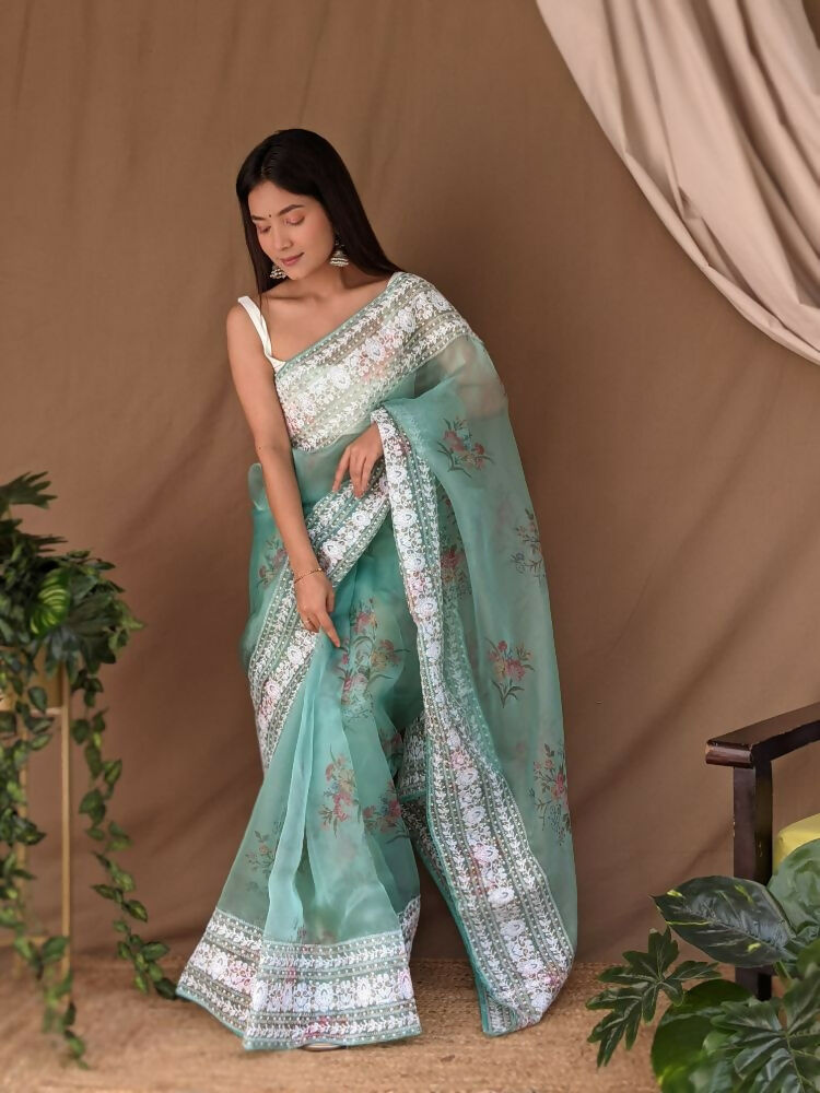 Vamsee White Border C-Green Organza Saree - Swadesiicart