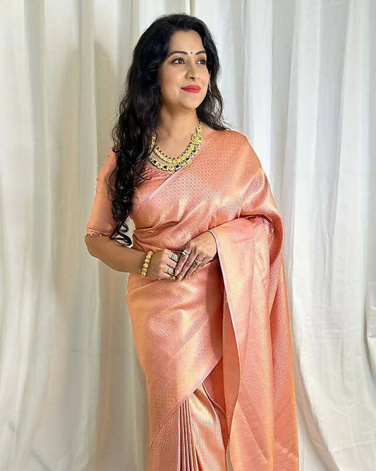 DEIANA'S Beautiful Designer Golden zari Soft Lichi Silk Saree - Peach - Swadesiicart