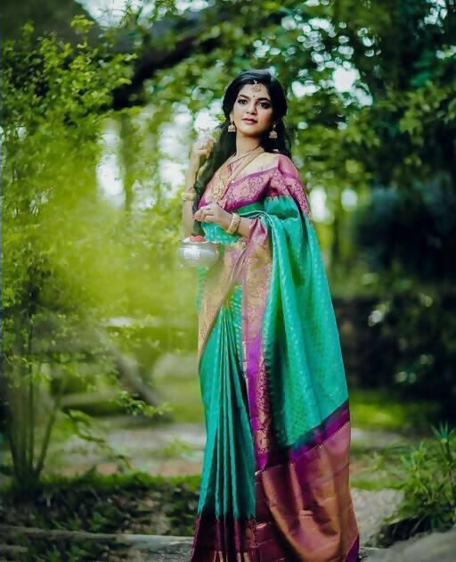 DEIANA'S Beautiful Designer Golden zari Soft Lichi Silk Saree - Sky - Swadesiicart