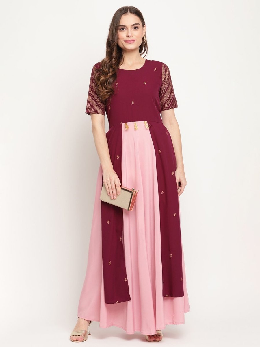 Ahalyaa Women Wine Crepe Glitter Print Dress | Swadesiicart