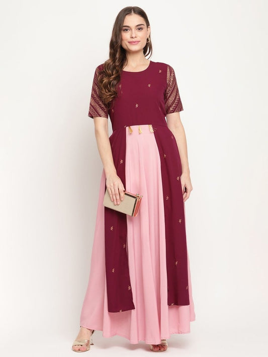 Ahalyaa Women Wine Crepe Glitter Print Dress | Swadesiicart