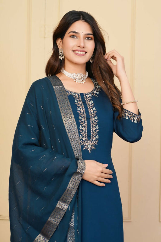 Blue Viscose Chanderi Embroidered Stitched Suit With Dupatta - Tanisha | Swadesiicart
