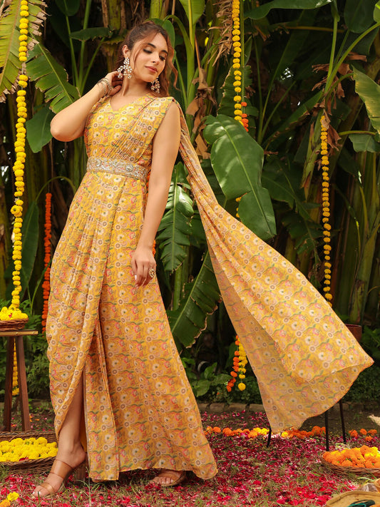 Janasya Mustard Georgette Floral Saree | Swadesiicart