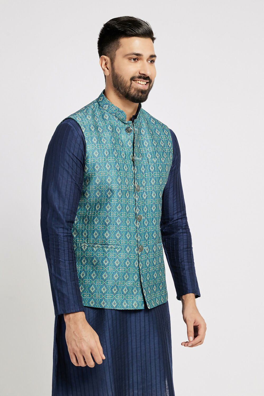 Ethnic India Indigo Blue Bundi Men's Jacket Geometric Polyester | Swadesiicart