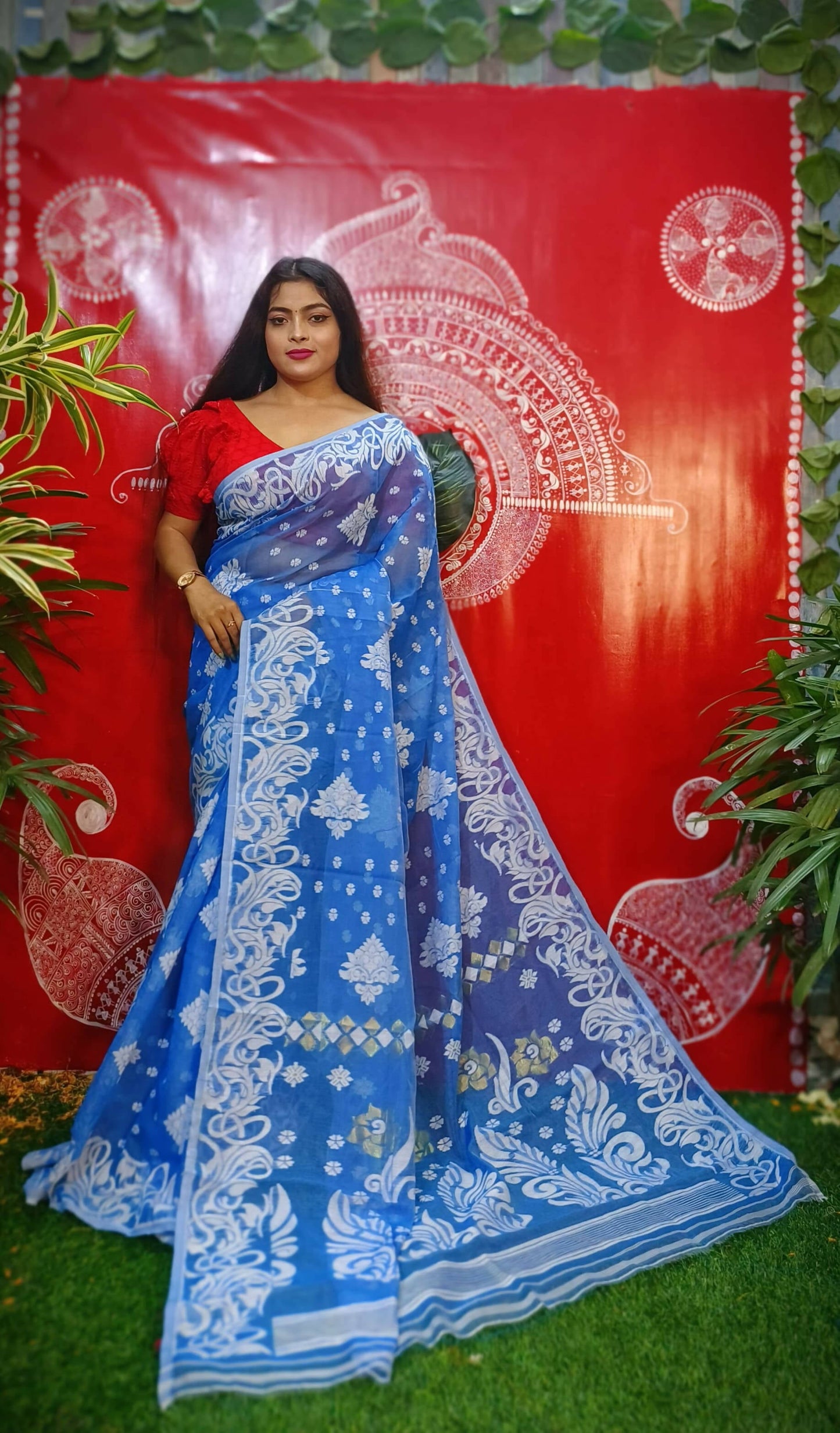 Exclusive Collection Handloom Dhakai Jamdani Saree - Blue - Swadesiicart