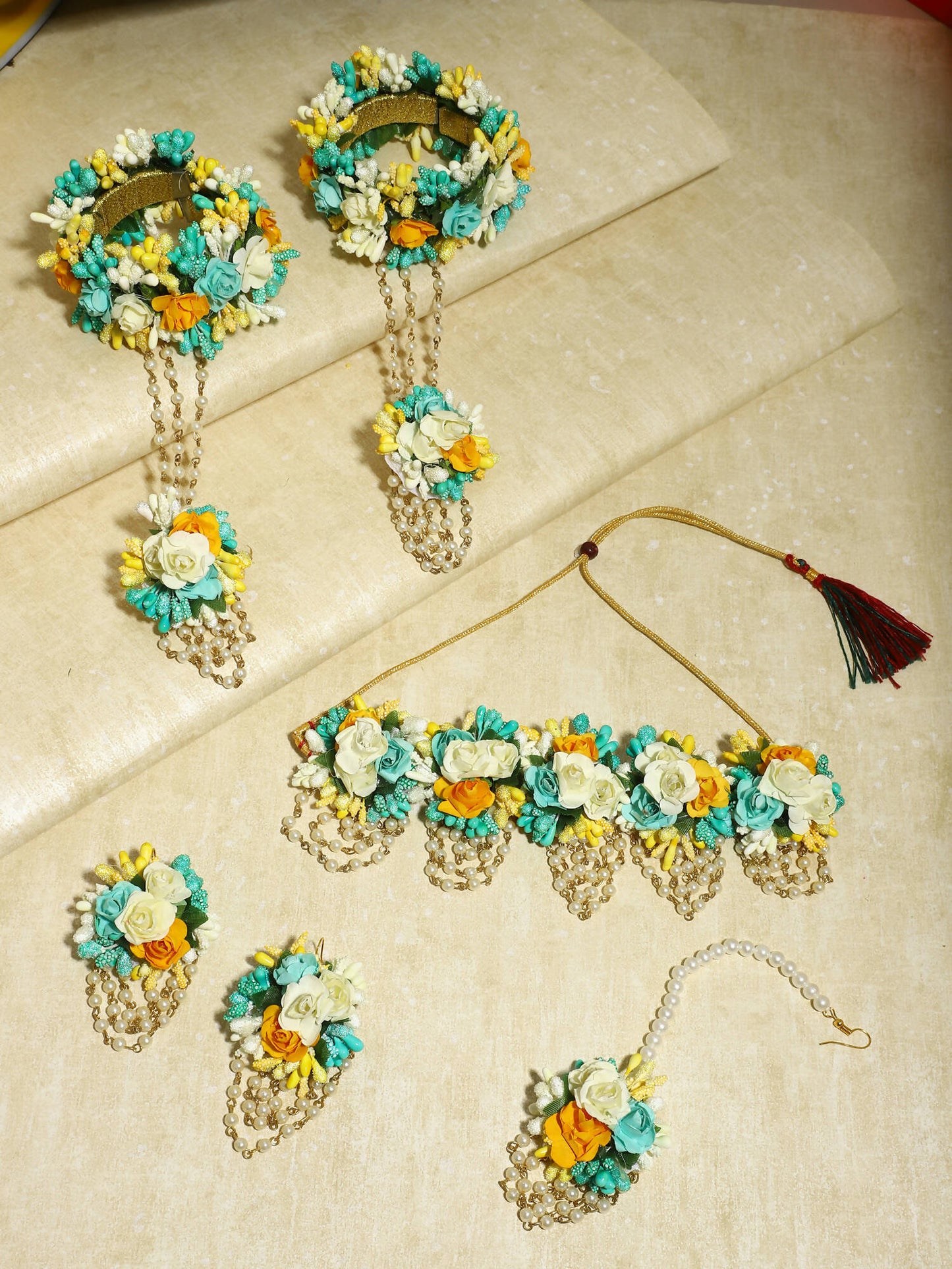 Flower Jewellery Gold-Polished Turquoise Blue Floral Jewellery Set - Ruby Raang - Swadesiicart