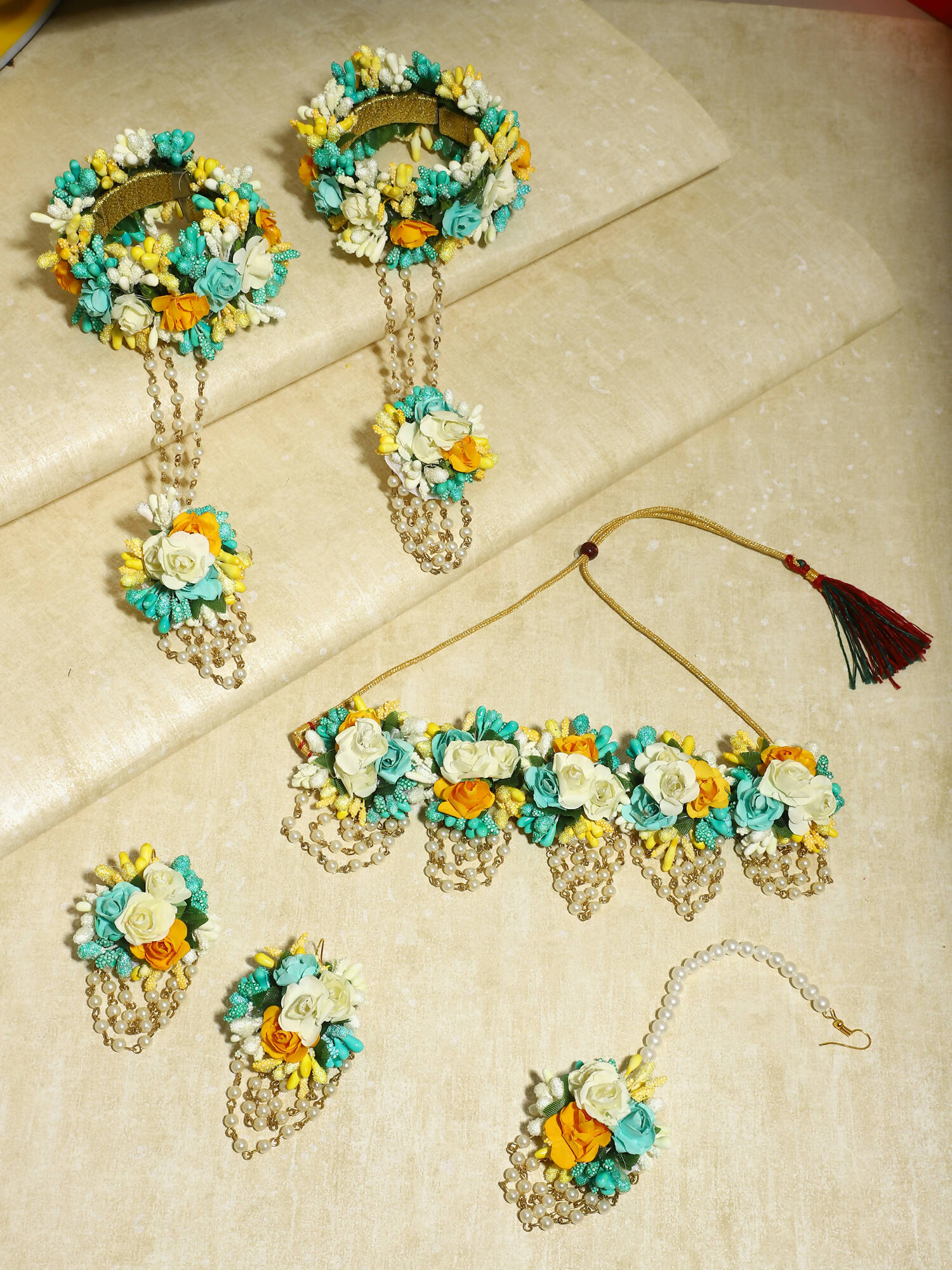 Flower Jewellery Gold-Polished Turquoise Blue Floral Jewellery Set - Ruby Raang - Swadesiicart