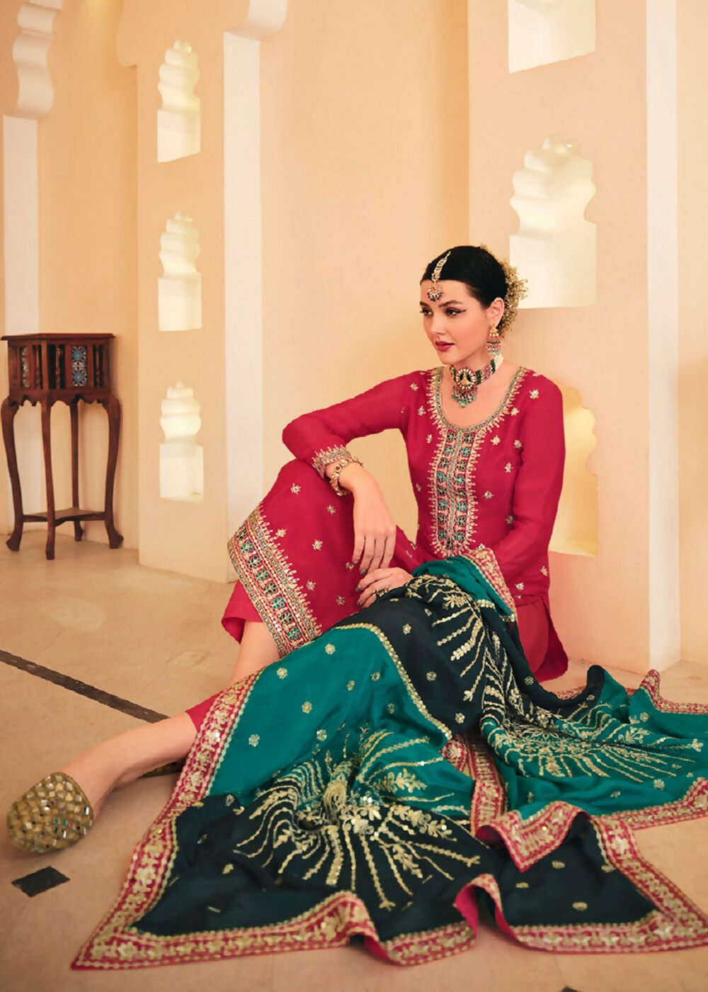 Dazzling Red Embroidered Chinnon Palazzo Salwar Kurta - Emponline | Swadesiicart