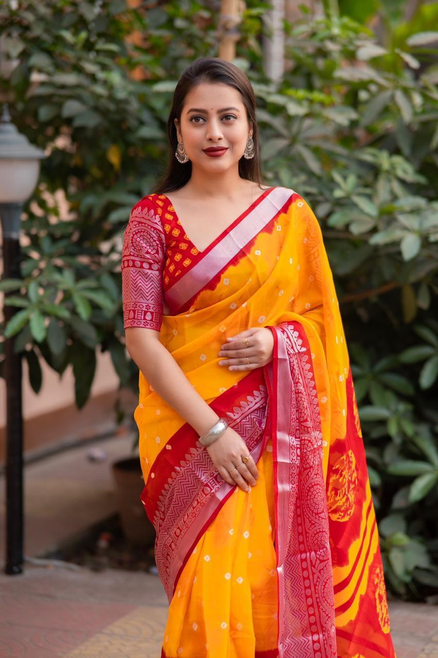 Orange Jute Silk Ethnic Motifs Saree with Unstitched Blouse - Hiral Fashion | Swadesiicart