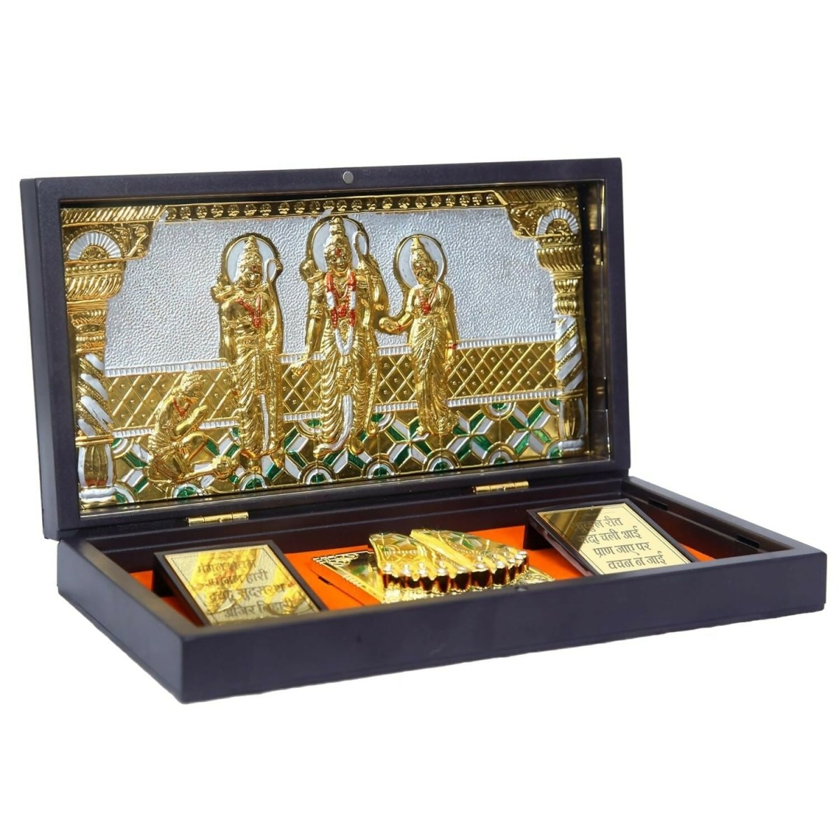 Anciently Ram Darbar Pocket Temple Box With Charan Paduka Rectangle Shaped, Gold-Polished - Swadesiicart