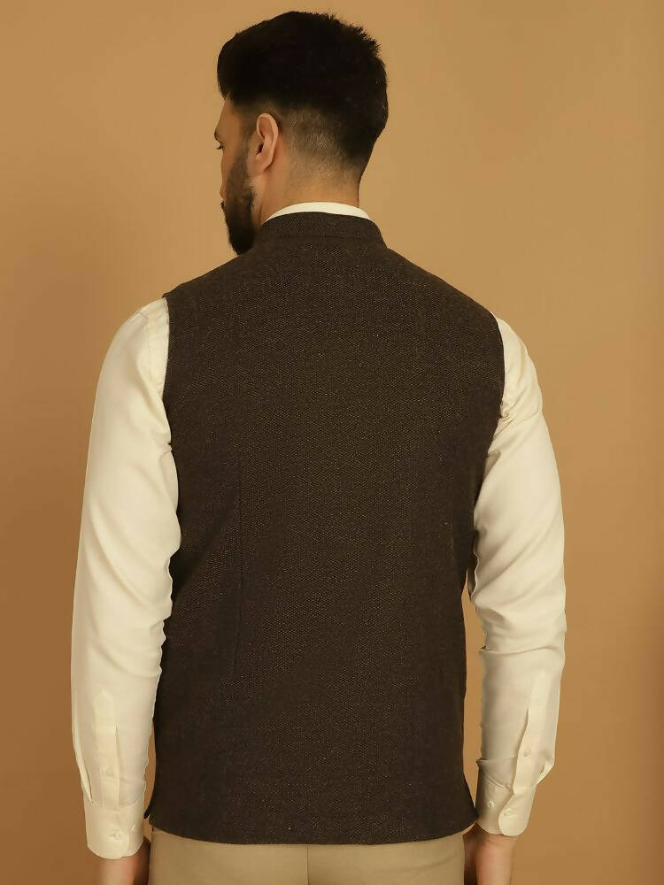 Even Apparels Pure Wool Nehru Jacket - Brown | Swadesiicart