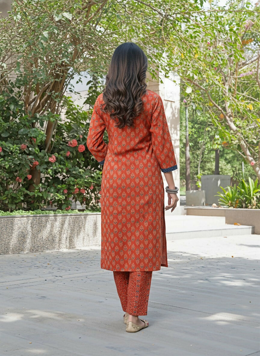 BulBul Aaliya Elegance Rust Cotton Kurta Set with Dupatta - Swadesiicart