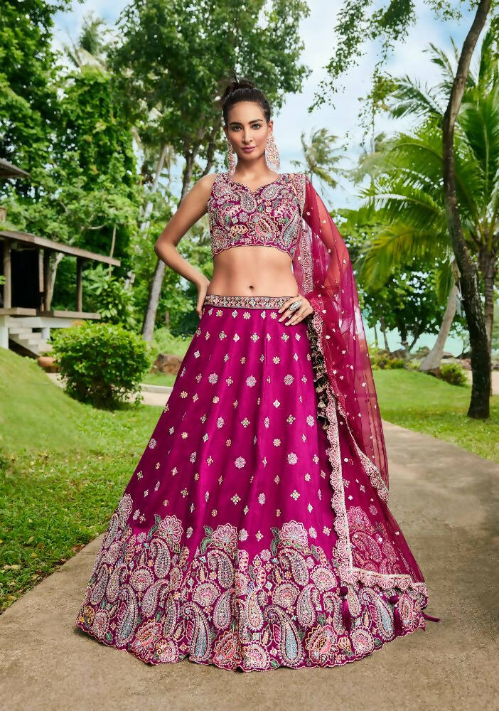 House of Panchhi Burgundy Satin Silk Sequins And Zarkan Embroidery Lehenga Choli & Dupatta | Swadesiicart