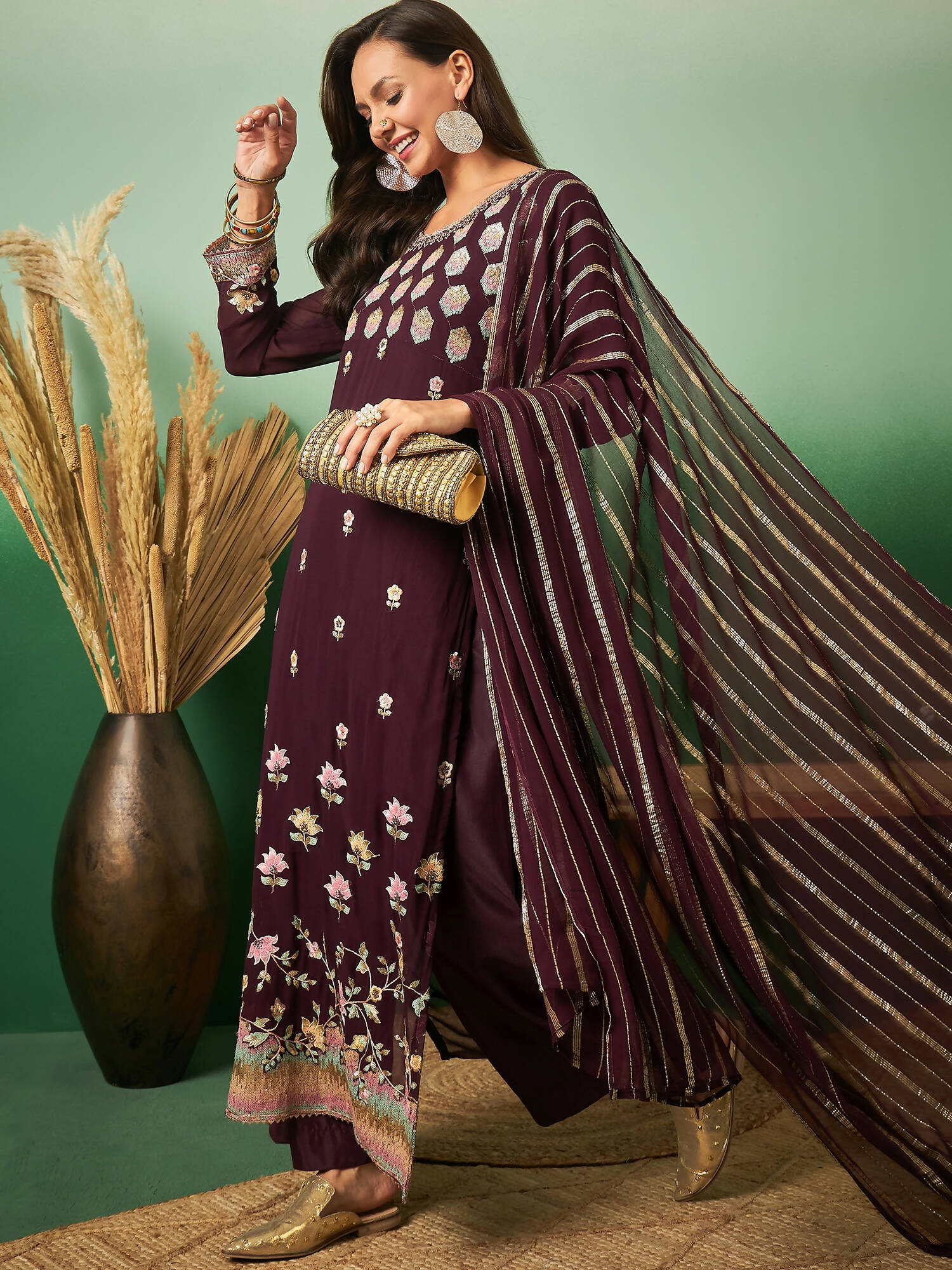 Wine Georgette Handwork Unstitched Dress Material - Hanika | Swadesiicart