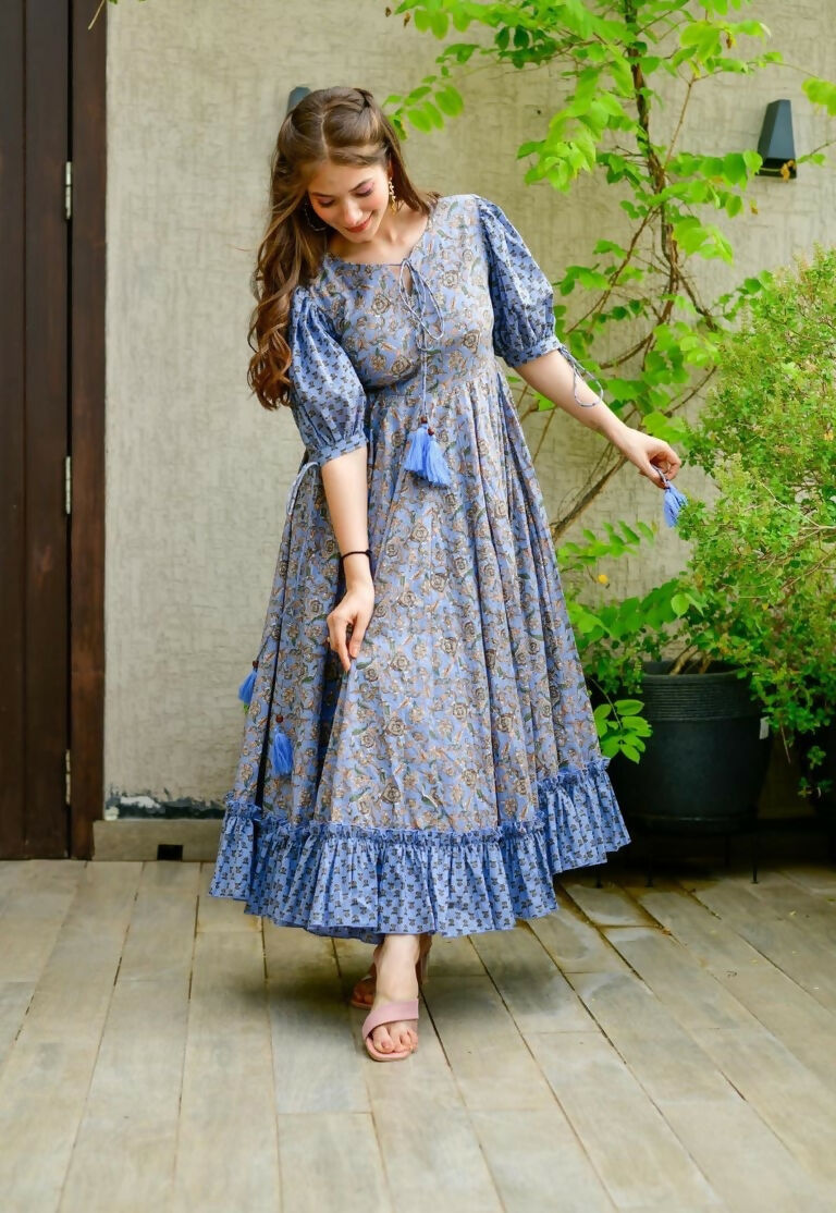 Jyoti Fashion Women's Blue Heavy Digital Printed Cotton Silk Anarkali Dress | Swadesiicart