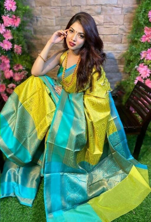 DEIANA'S Beautiful Designer Golden zari Soft Lichi Silk Saree - Yellow - Swadesiicart