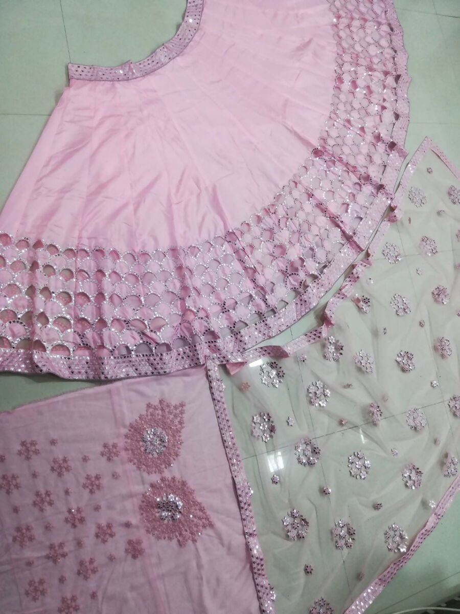 Jyoti Fashion Dreamy Baby Pink Silk Thread with Paper Mirror & Cut work Lehenga Choli with Dupatta | Swadesiicart
