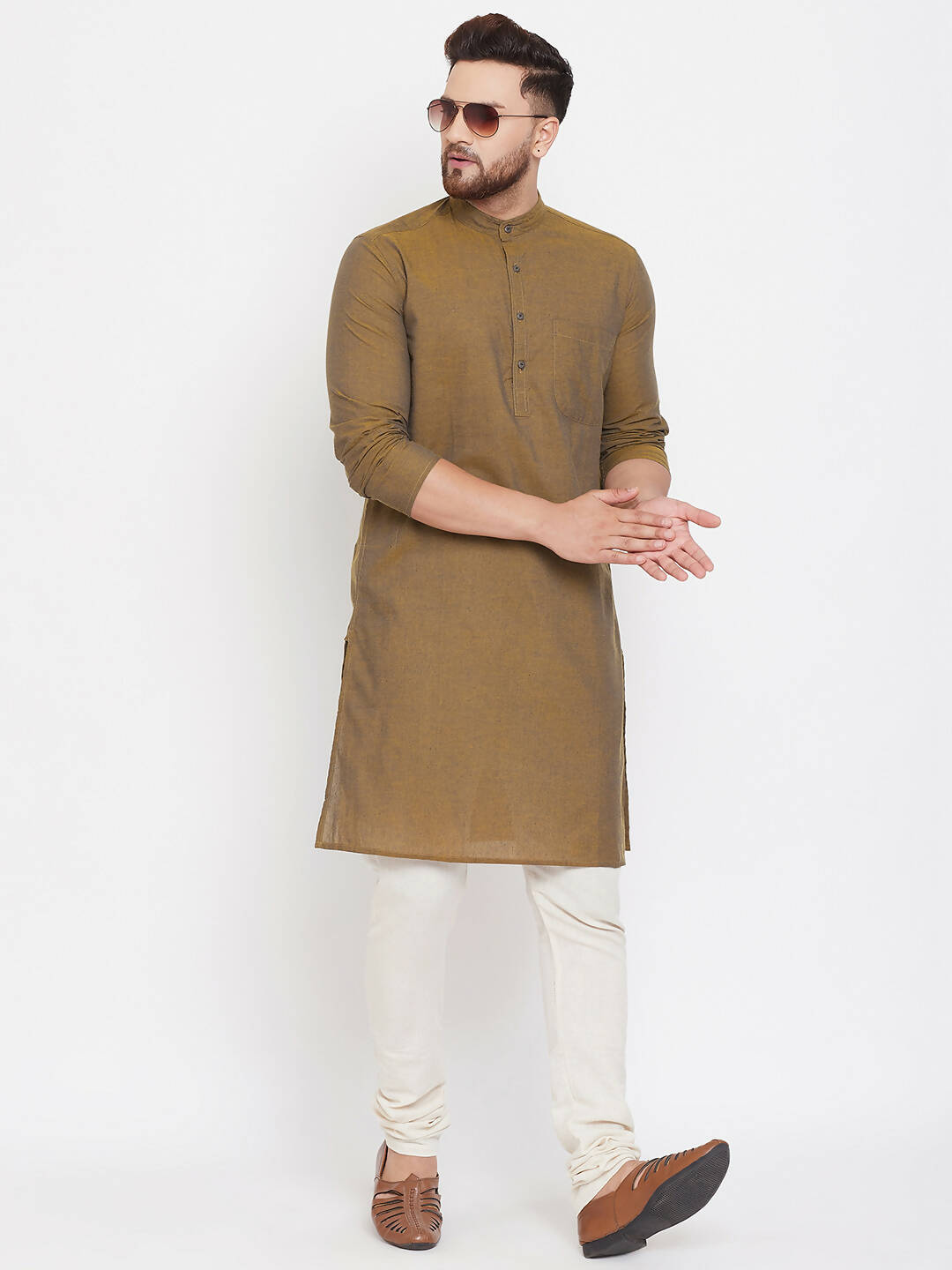 Even Apparels Brown Pure Cotton Men's Kurta With Band Collar | Swadesiicart