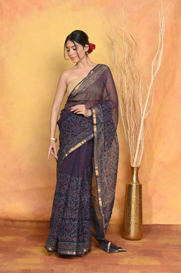 Very Much Indian Pure Kota Cotton Handblock Printed Saree - Dark Blue | Swadesiicart
