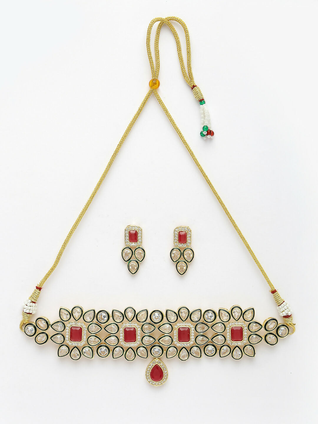 NVR Women's Red & Gold Kundan Studded Handcrafted Choker Jewellery Set - Swadesiicart