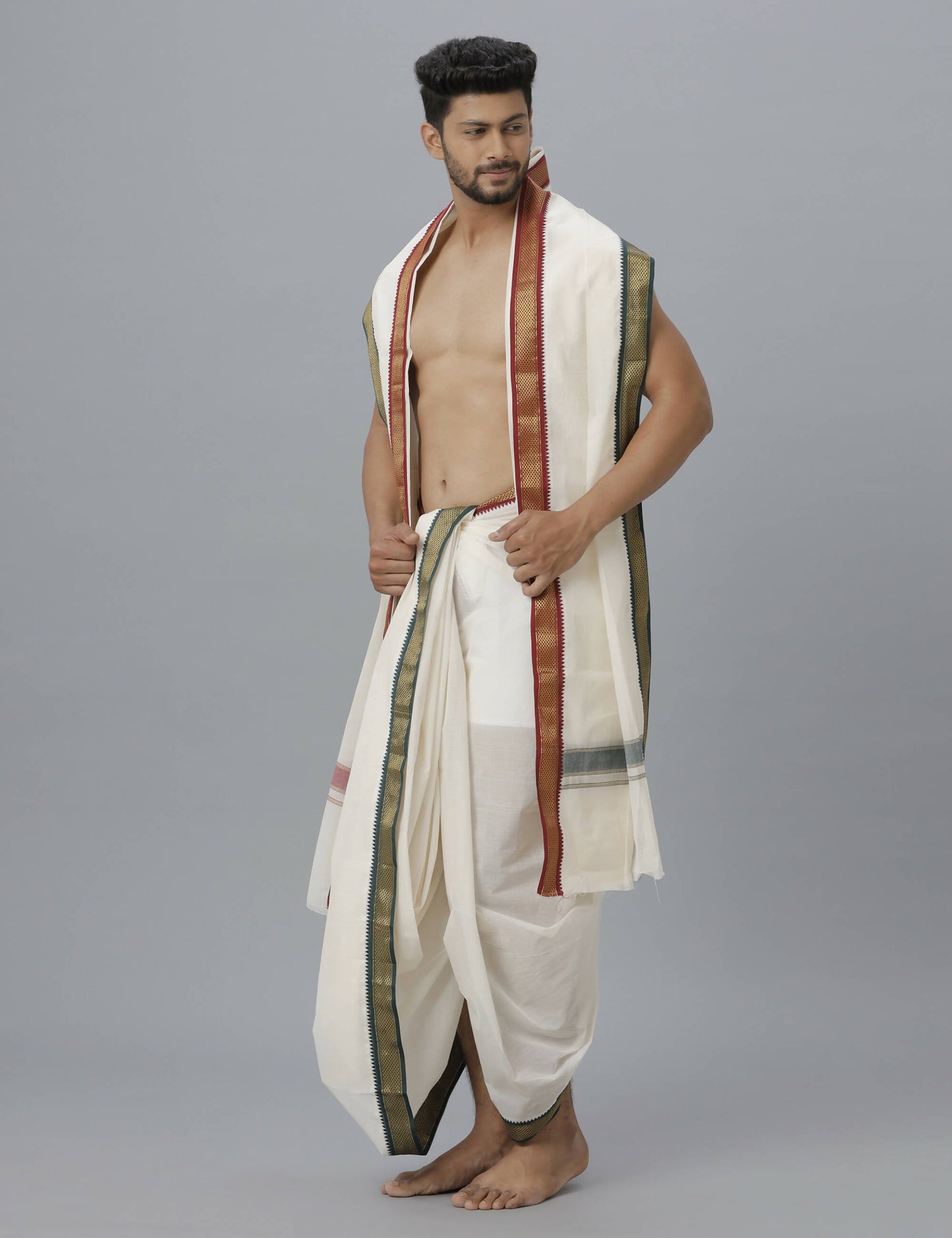 Indian Clothing Ramraj Cotton Mens Pure Cotton 5 Khan Jari 9 + 5 Kora Panchakacham Dhoti With Angavastram Set | Swadesiicart