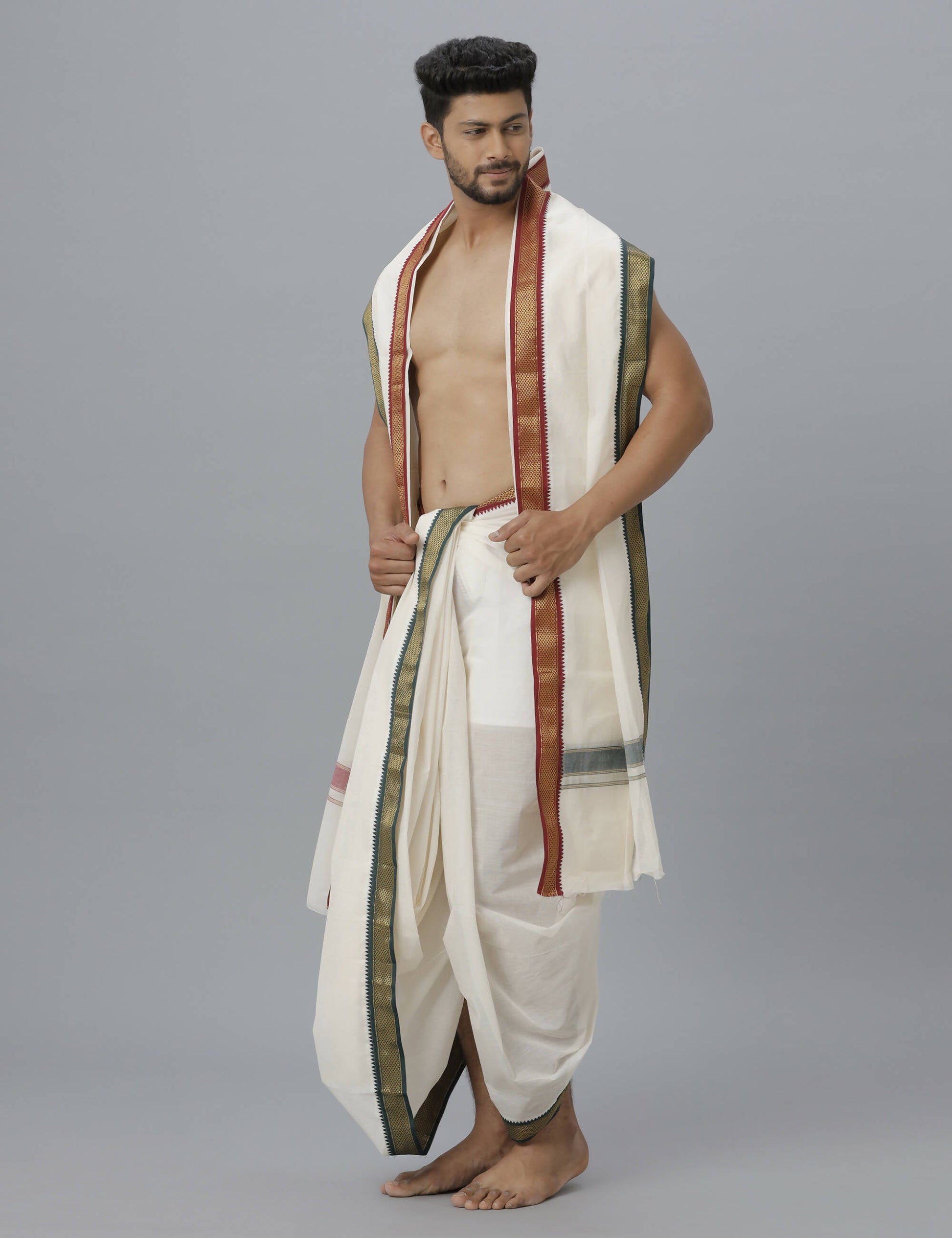 Indian Clothing Ramraj Cotton Mens Pure Cotton 5 Khan Jari 9 + 5 Kora Panchakacham Dhoti With Angavastram Set | Swadesiicart