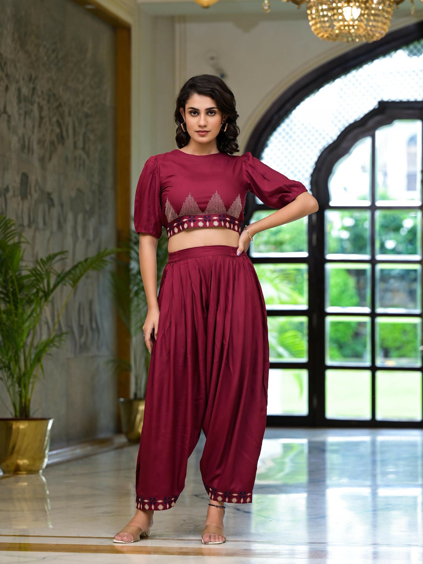 Juniper Women's Rust Thread Embroidered Rayon Top & Dhoti Pant Set - Swadesiicart