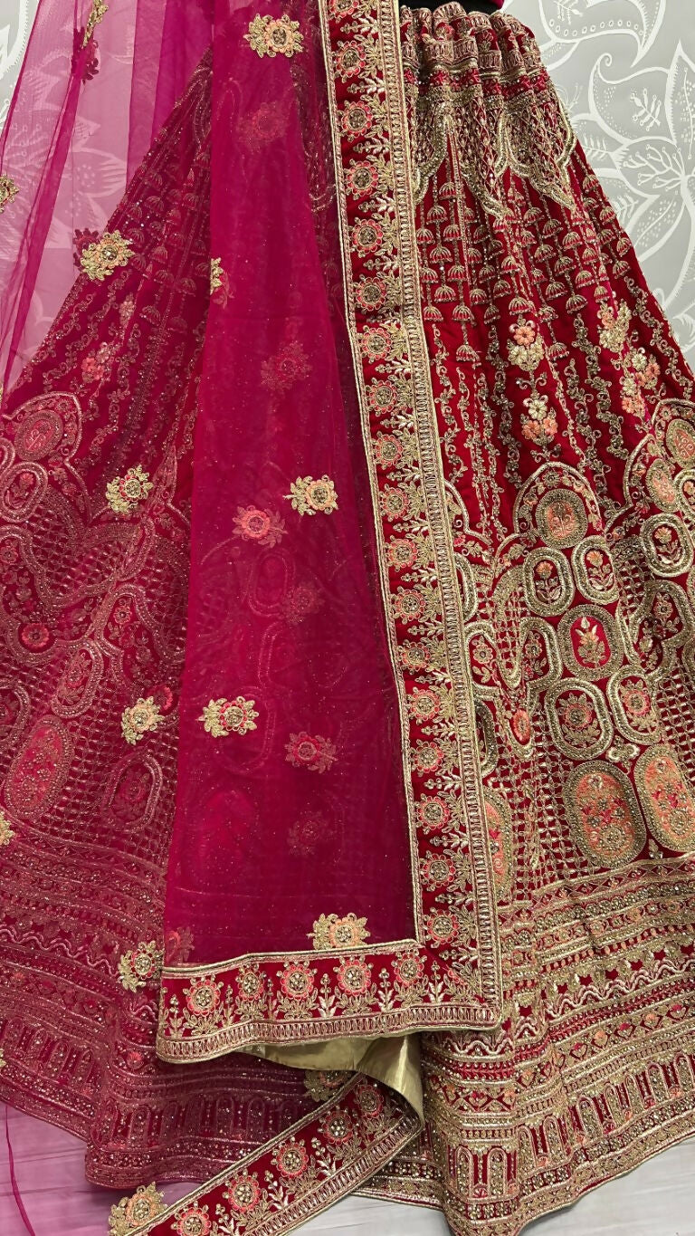 Jyoti Fashion Women's Rani Pink Velvet Multi Thread Embroidered with Zircon Diamond Wedding Lehenga Choli | Swadesiicart