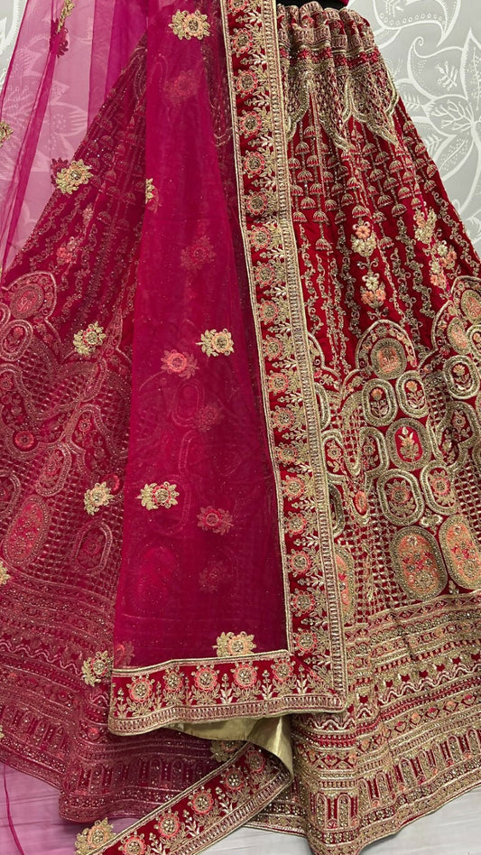 Jyoti Fashion Women's Rani Pink Velvet Multi Thread Embroidered with Zircon Diamond Wedding Lehenga Choli | Swadesiicart