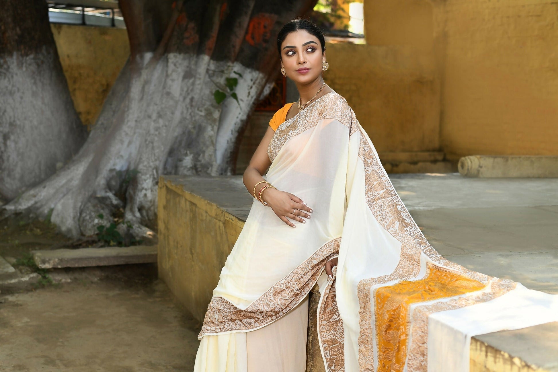 Joban Fashion Cream Crepe Chiffon Pure Handloom Banarasi Silk Saree | Swadesiicart