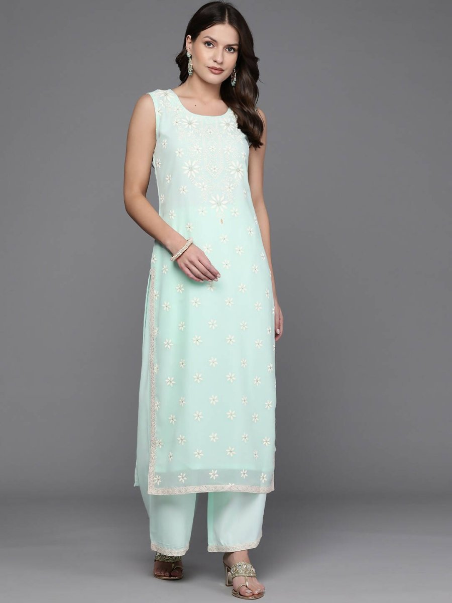 Ahalyaa Women Floral Embroidered Regular Kurta with Palazzos - Blue Color | Swadesiicart