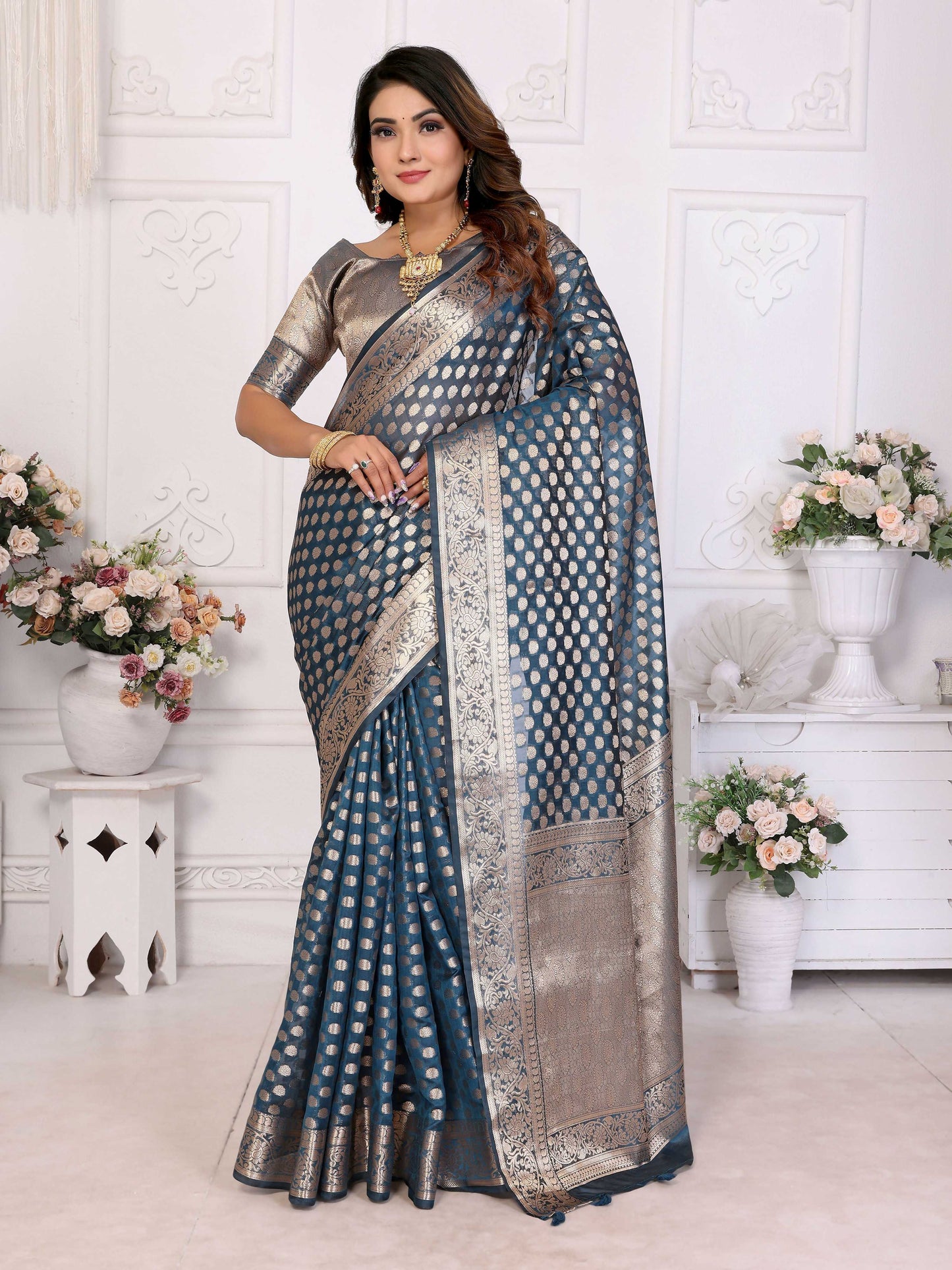 Aastha Fashion Teal Organza Silk Weaving Saree