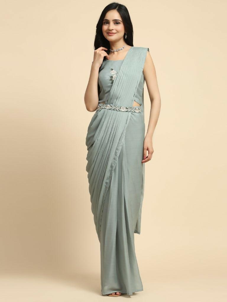 Sea Green Chiffon Solid Ready to wear Saree with stitched Blouse - Aayan | Swadesiicart