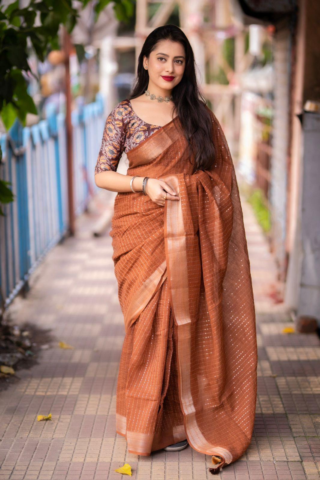 Brown Linen Sequence Saree with Unstitched Blouse - Hiral Fashion | Swadesiicart