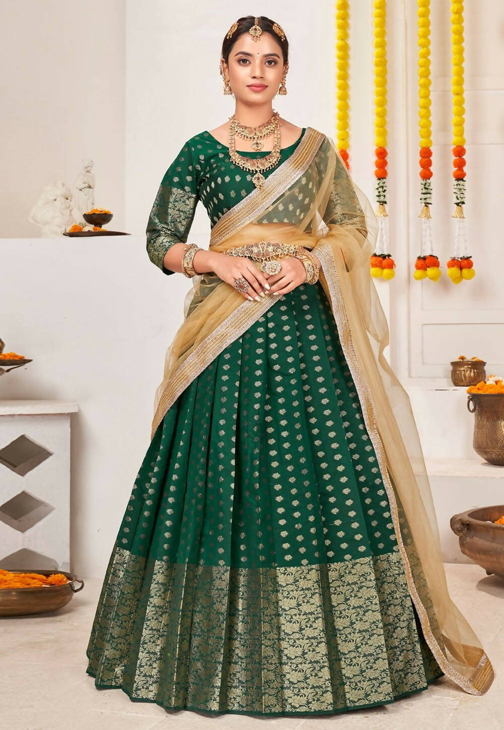 DEIANA'S Beautiful Jackquard Weaving Lehengha Choli - Green | Swadesiicart