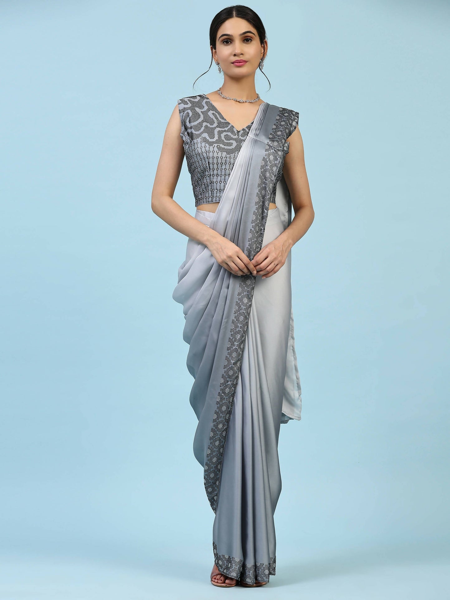Grey Ombre Satin Georgette Plain Ready to wear Saree with stitched Blouse - Vrinda | Swadesiicart