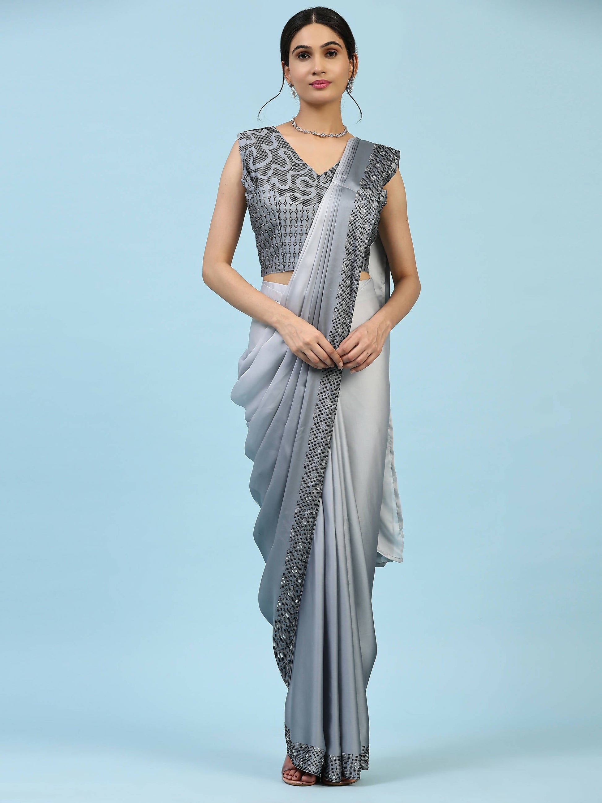 Grey Ombre Satin Georgette Plain Ready to wear Saree with stitched Blouse - Vrinda | Swadesiicart