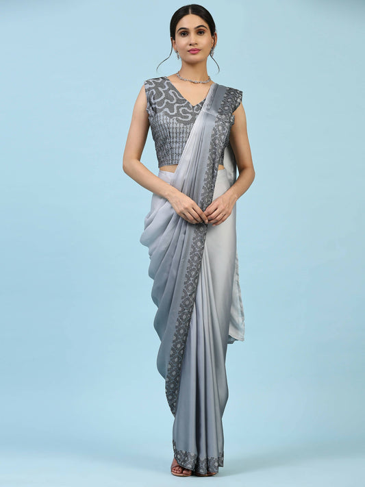 Grey Ombre Satin Georgette Plain Ready to wear Saree with stitched Blouse - Vrinda | Swadesiicart