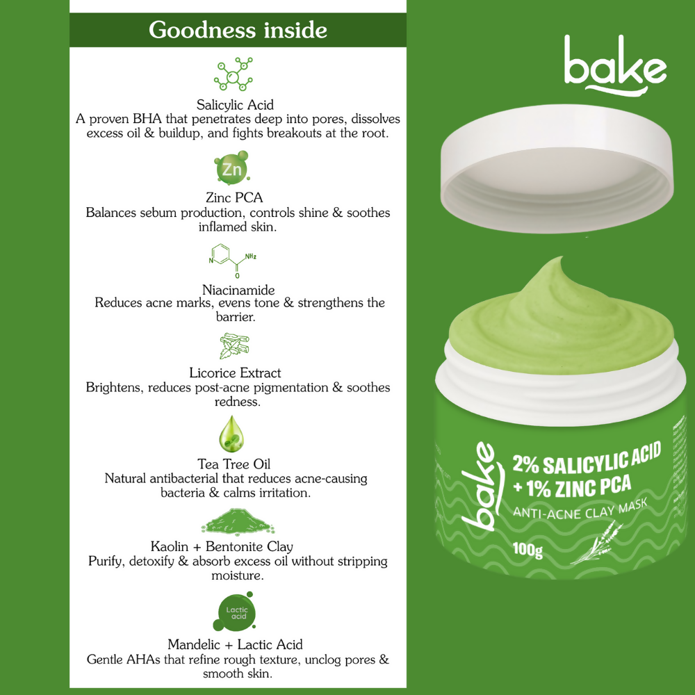 Bake 2% Salicylic Acid + Zinc PCA Anti-Acne Clay Mask | Swadesiicart
