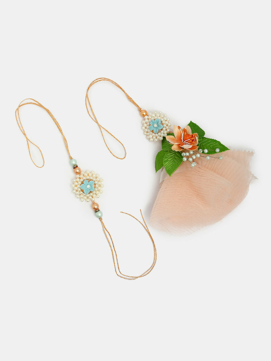 NVR Women & Men Set of 2 Peach Floral Design Pearl Beaded Bhaiya Bhabi Rakhi With Roli Chawal | Swadesiicart