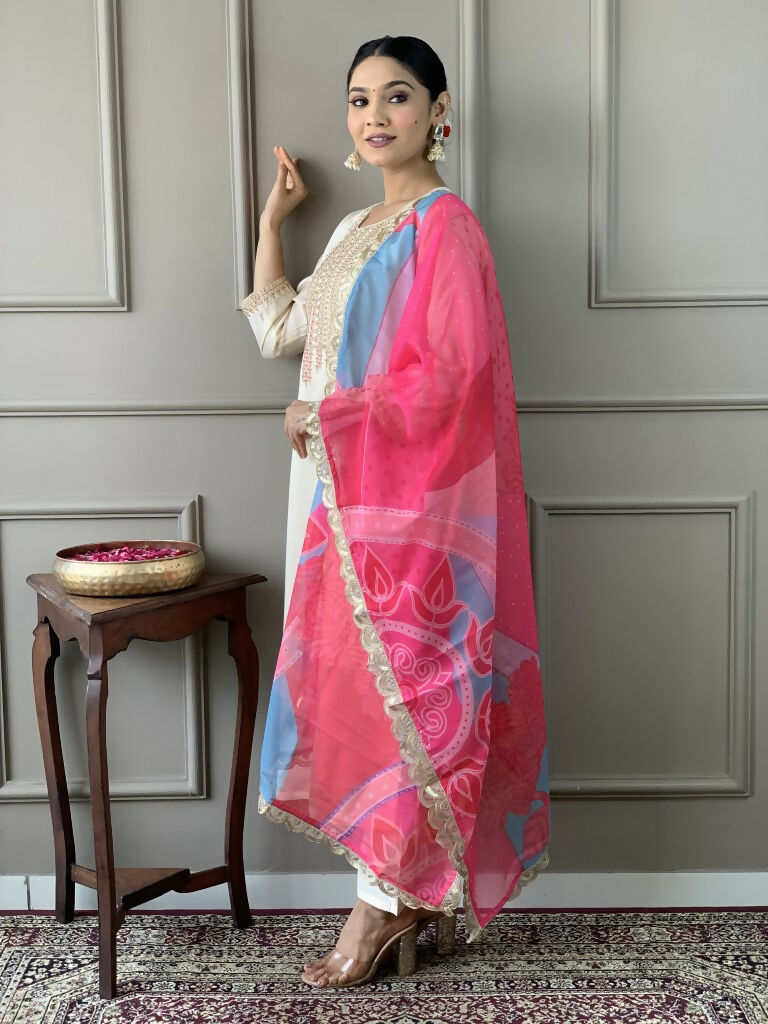 White Viscose Chanderi Stitched Suit With Dupatta - Tanisha | Swadesiicart