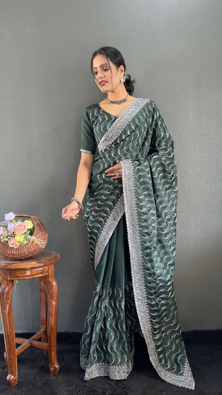 Vastranavya Sea Green Chinnon Silk Embroidery Multi Sequence & Arco Cut Work Ready to Wear Saree | Swadesiicart