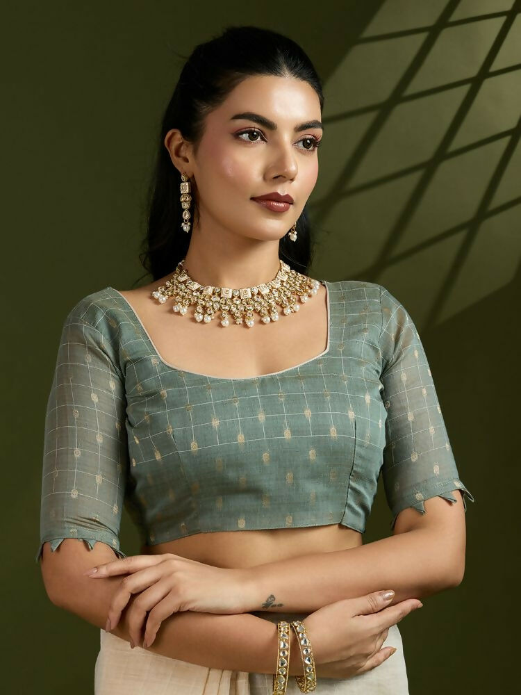 Vishnu Weaves Women's Green Muga Cotton Thread Woven Saree with Blouse - Swadesiicart